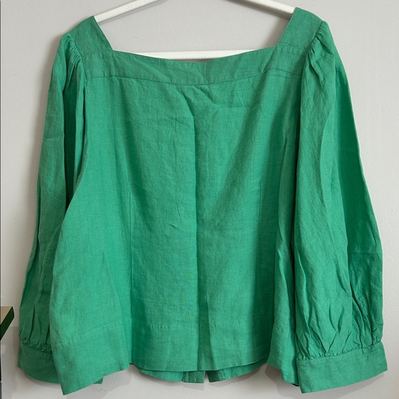 J. Crew 2X 100% Linen Square Neck Puffy Sleeves Kelly Green Blouse lightweight - Picture 12 of 16